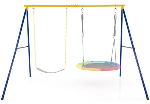 RELAX4LIFE Struttura per Altalena Doppia da Giardino con Portante 300kg, 2 Posti da Appendere, per Bambini e Adulti, Gioco Interno/Esterno, 4 Picchetti, Copripiedi e Moschettoni, Giallo e Blu