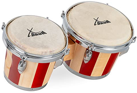 XDrum Bongos Retro - 2 Trommeln mit 16,5 cm (6,5) und 19 cm (7,5) Durchmesser - Bongotrommeln mit stimmbaren Naturfellen und Stimmschlüssel - Holztrommeln Naturfarben mit roten Streifen