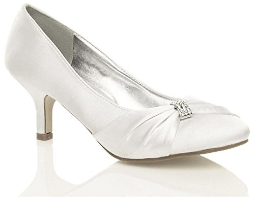 MyShoeStore Womens Satin Heels Ladies Wedding Bridal Bridesmaid Stiletto Low Mid Kitten Heel Diamante Buckle Evening Party Prom Slip On Close Toe Smart Formal Classic Shoes in White, UK 5