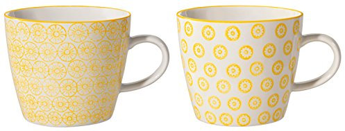 Bloomingville Tassen mit Henkel Isabella Retro Kaffeetasse Teetasse Vintage dickwandige ø 9,5 x H 8 cm, gelb, Keramik, 2er Set, fasst ca. 280 ml