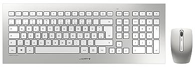 CHERRY DW 8000, Pack de Teclado y Ratón Inalámbricos, Distribución de Teclado Suizo (QWERTZ), Funciona con Pilas, Teclado Ultraplano, Ratón de 3 Botones con Sensor de Infrarrojos, Blanco/Plateado