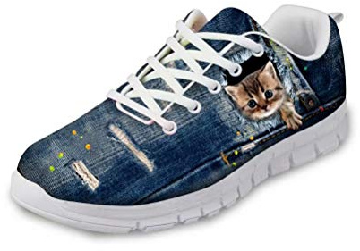 chaqlin Niedlichen Tier Sneaker Mädchen Damen Casual Sport Gym Trainer Leichte Outdoor Reise Laufschuhe Denim Katze Muster Größe 42
