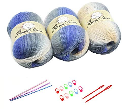 YAMEE 3 Stück 100g Handstrickgarn Farbverlauf Wolle zum Stricken und Häkeln - Set mit Häkelhaken und Weberei Garn
