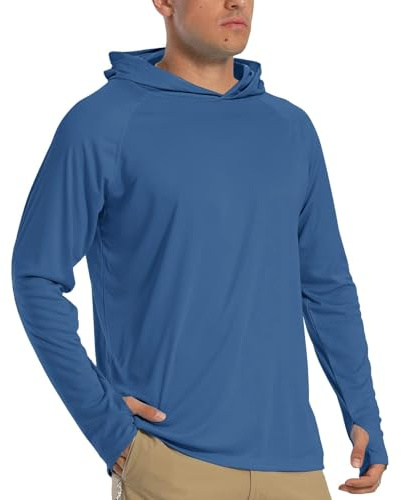 TACVASEN Sun Hoodie Men Long Sleeve Tops UPF 50+ Sun Protection Hoodies Summer Hiking Hooded Shirts Blue Grey,L