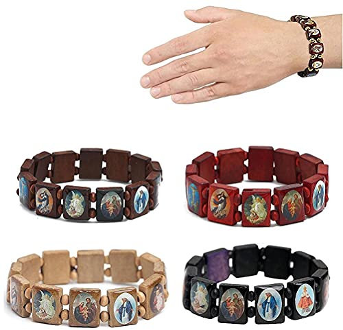ARTOCT Holz-Rosenkranz-Jesus-Armband, 4 Stück, elastischer Stretch-Armreif mit Bildern religiöser Heiliger, katholischer Heiliger Götter, Göttin