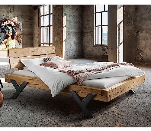 Lomadox Doppelbett Ehebett Bett Echtholz Massivholz, 180x200 cm, Eiche massiv, Holzkopfteil, Schwarze Beine in Y-Form, B/H/T ca. 198/88/228 cm