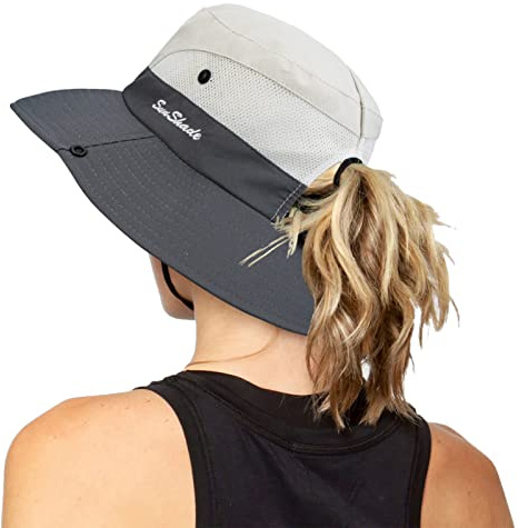 Women's Outdoor-UV-Protection-Foldable-Sun-Hats-Wide-Brim Hat Ponytail-Hole, Beige/Grey, One Size
