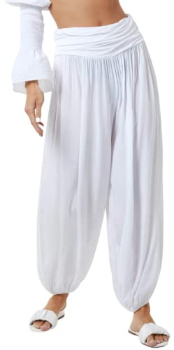 STAR FASHION Womens Italian Hareem Trouser Ladies Full Length Plain Baggy Harem Ali Baba Pants Jersey Waistband Casual Wear White 12-14