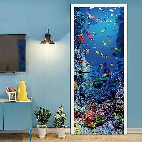A.Monamour Adesivo Porta Autoadesiva 3D Barriera Corallina Di Pesci Sottomarini Sotto Il Tema Nautico Del Mare Vinile PVC Adesivi per Porte Interne Pellicola Adesiva Poster Murale Parete 77x200cm