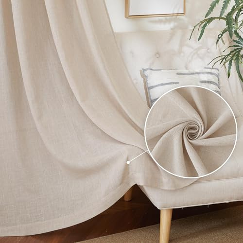 PONY DANCE Tende Lino Semitrasparenti per Camera da Letto Tende Moderne per Soggiorno 200g/m² Linen Curtains con Fettuccia per Cucina 2 Pezzi L 140 x A 220 CM, Beige Chiaro