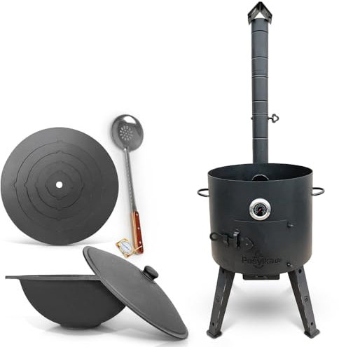 Termómetro para horno de 44 cm de diámetro, 5 anillas, 48 cm, hierro fundido, tapa de 46,5 cm de diámetro, 16 L, cuchara espumadera de 48 cm (set – 517)