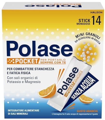 Polase Pocket, Integratore Alimentare di Magnesio e Potassio da Assumere Senz'acqua, Contro Stanchezza e Fatica, Caldo, Gusto Arancia, 14 Stick orosolubili