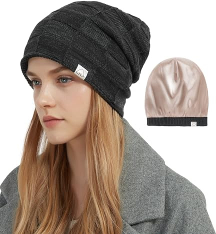 Hat Hut Cappello Invernale da Donna da Uomo, Berretto Foderato in Raso Seta, Caldo Berretto da Sci Unisex Cappello in Maglia Slouch Beanie (IT, Testo, Taglia Unica, Nero)