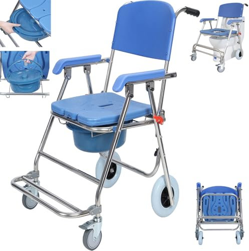 yoakaiax Shower Commode Wheelchair with 4 Lockable Wheels, 3-IN-1 Folding Bedside Commode with Wheels, Commode Chair for Toilet with and Backrest, Bedside Commodes for Senior & Handicap Blue
