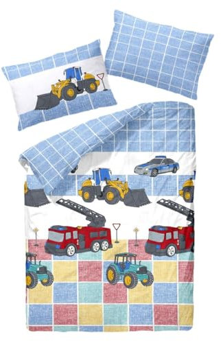 JACK Kinder Renforce Baby Bettwäsche 2 TLG. 100x135cm Autos Fahrzeuge Feuerwehr Polizei Traktor Radlader Bunt Reißverschluss