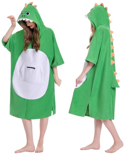 OLAOLA Dinosaur Surf Poncho Changing Towel, Plus Size Swim Beach Quick Dry Robe Poncho with Pocket and Hooded, Soft Thick Terry Cloth Cover-Up for Women Men