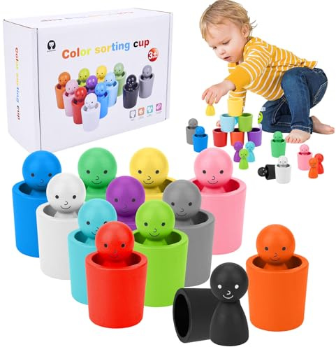 Jadyon Colour Sorting Cups, Peg Dolls in Cups, Colour Sorting Toys for Toddlers, Wooden Cups and Peg Dolls Matching Games, Toddler Games, Color Sorting Montessori Sensory Toys for Toddlers