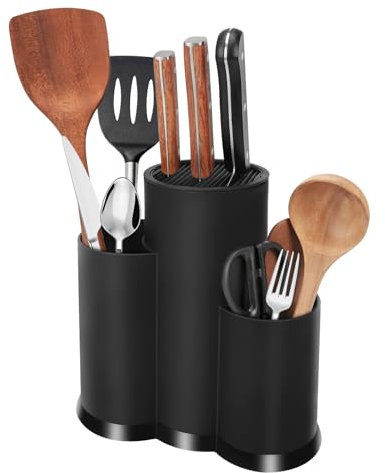 Porte Couteaux Cuisine 3 en 1, Blocs à Couteaux Vides Universel, Support Couteaux Ustensiles Grand Capacité Détachable, Base Stable, Design Aéré pour Cuisine et Atelier, Noir