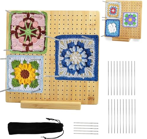 Planche de Blocage du Crochet - Planche de Blocage pour Granny Square 28x28 cm - Bambou Granny Square avec 20 Tiges, 5 Aiguilles en Inox et 1 Support - Accessoires pour Projets de Tricot et de Crochet