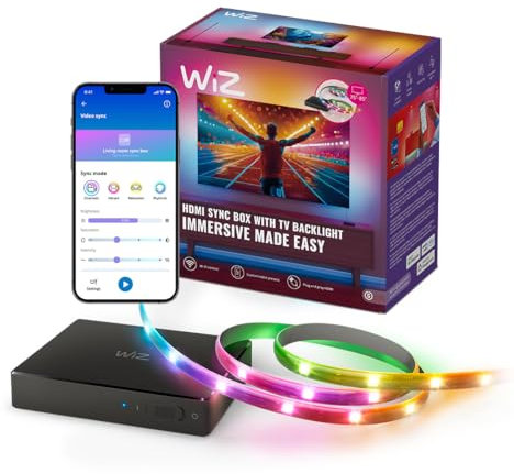 WiZ HDMI Sync Box avec rétroéclairage TV – Synchronise les lumières avec vos films, jeux et musiques – Ruban LED RGBIC pour TV de 75 à 85 pouces – Contrôle via application – Compatible Google et Alexa