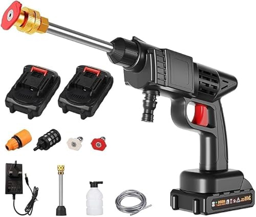 Akku Hochdruckreiniger, 21V hochdruckreiniger mit akku, 6 in 1 Multidüse mit 2 Wiederaufladbaren Batterien 5 Meter Schlauch Ultrastarke Reinigung, für Autos,Fenster,Rasen,Gärten,Pools