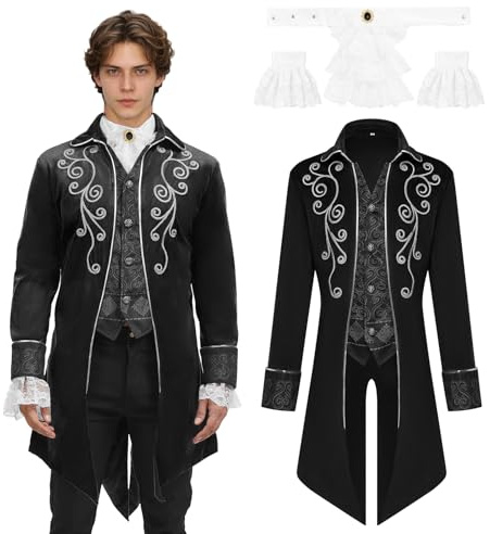 JDFAIJEAL - Cappotto da uomo in stile medievale e steampunk, frac vintage in stile gotico vittoriano, costume per Halloween, pirati, vampiri, cosplay (Nero, L)