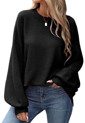 PASUDA Pull Femme Hiver Chic et Elegant Sweat Oversize Haut Thermique Col Rond Ample Sweatshirts Manche Longue Manche Lanternes Décontracté Pulls Chaud Tricoté Pullover Automne Hiver (Noir, XL)