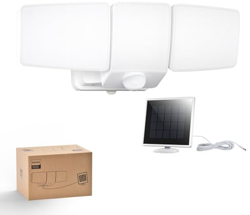 Philips 3600LM Solarlampen für Außen mit Bewegungsmelder, 5000K Wasserdichte Dimmbare LED, 3 Verstellbare Köpfe mit 5m Kabel, Separate Solarpanel mit 3 Modi Solar-Fluter für Hof, Garage