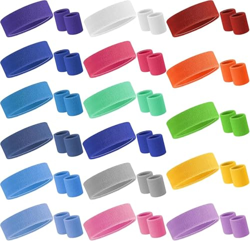 51 Pcs Colorful Sweatbands, Neon Sweatbands Wristbands 80s Sports Headband Tennis Athletic Sweatband Workout Headbands for Men Woman Party Gym Sports (17 Colors)