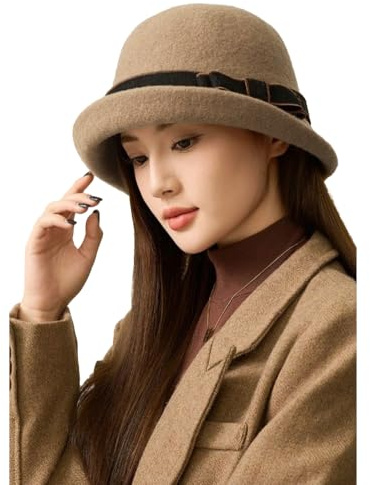 Women Vintage Felt Cloche Hats Winter Fall Solid Fedora Bucket Caps Elegant Bowler Hat Bowknot