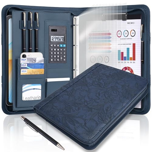 Leathario Portafolio en Relieve de PU para Hombres y Mujeres, Carpeta A4 Plegable para Negocios, Estudiantes, Médicos y Profesores, Incluye 10 Hojas Índice y Bolígrafo (Azul)