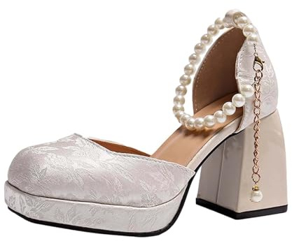 Zapatos tradicionales para mujer, elegantes, monocolor, plataforma, bordado, tacón de bloque, cómodos, antideslizantes, suaves, para fiestas, bodas, festivos y uso diario, 1 blanco., 42 EU