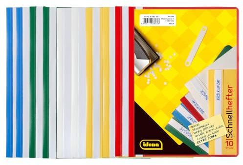 Idena 307863 - Schnellhefter A5, aus Kunststoff, 10 Stück, 5 Farben, 2 x blau/weiß/gelb/grün/rot (DIN A5 | 10 Stück, sortiert)