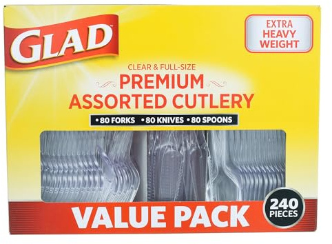 Glad Clear Disposable Cutlery Set with Heavy Duty Plastic Forks, Knives, and Spoons, Reusable Dishwasher Safe Plastic Utensils for Parties and Everyday Use, 240 Count
