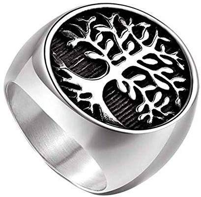 HIJONES Religieux Ancien Classique Arbre de la Vie Sceau Bague pour Hommes en Acier Inoxydable avec Ronde Argent Taille 72