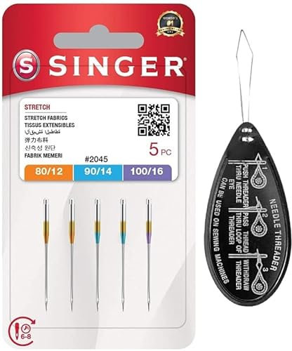 Singer Stretch Ball Point 2045 - Aghi per macchina da cucire, confezione da 5, misure assortite 80/12, 90/14 e 100/16, con infila ago grande