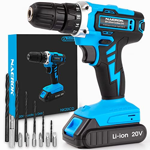 Naerok Cordless Drill Driver 20V Li-Ion 1HR Fast Charge Battery, 13Pc Electric Screwdriver Set, LED Work Light, Electric Drill Quick Change Power Drill Battery and Charger Included