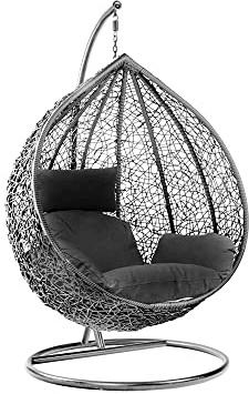 Rattan Swing Egg Chair Hanging Garden Hammock with Cushions & Stand Outdoor Indoor Furniture (Grey Egg Chair & Black Cushion)