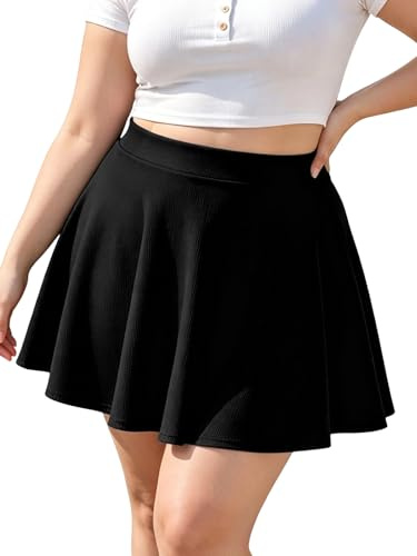 Moon Wood Women's Ladies Mini Black Skater Skirt - Plus Size Elasticated Waisted Flared Casual Pleated Skirts UK 5XL