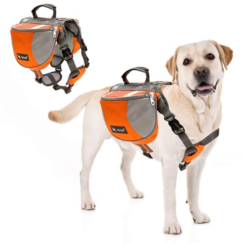 PETCUTE Sac à Dos pour Chiens avec de Grandes Poches,Respirant Sacoche de Harnais pour Chien avec Confortable Poignée,Réfléchissant Sacoche de Selle Sac à Dos pour Chien Moyens & Grands