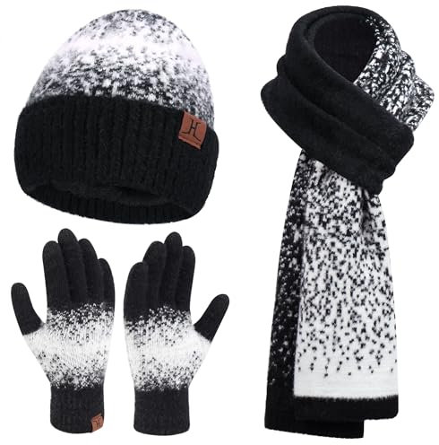 Damen Winter Warm Mütze Touchscreen Handschuhe und Lang Schal Set mit Fleece Gefütterte, Thermo Wintermütze Strickmütze Beanie Winterhandschuhe Strickhandschuhe Schals, Schwarz Weiß
