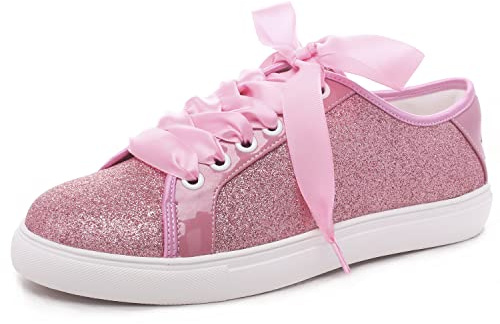 Elivandon 16051 Wedding Shoes Bling Bridal Sneakers Flats Bride Tennis Shoes Shiny Sequin Shoes Sparkly Sneakers Colour Pink,Size 5 B(M) US/35 EU