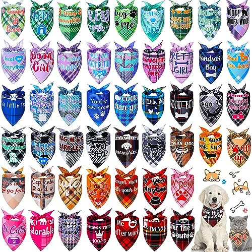 50 Pcs Plaid Dog Bandanas Bulk Dog Scarf Bibs Puppy Pet Bandanas with Captions Adjustable Cat Outfit Washable Triangle Scarf Kerchief for Small to Medium Girl Boy pet(Fresh)
