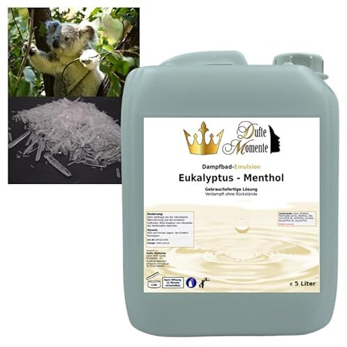 Dufte Momente | Dampfbad Emulsion 5 Liter Eukalyptus-Menthol | geprüfte Qualität | mit naturreinen und natürlichen ätherischen Ölen | gebrauchsfertig | vegan und ohne Tierversuche