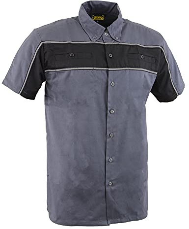 Men’s Classic Two-Tone Button up Heavy Duty Reflective Short Sleeve Motorcycle Mechanic Work Shirt Variety of Colors (US, Alpha, X-Large, Regular, Regular, Gray with Black Stripe)