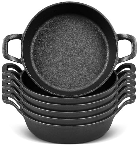 Ziliny Mini Cast Iron Skillets 7 x 7 x 1.7 Inch Cast Iron Pan Small Ramekin Set Black Casserole Dish Cookware Oven Safe Mini Skillets for Kitchen Indoor Outdoor Picnic (6 Pack)