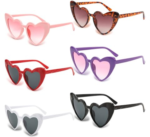 NCOALE 6 PCS Heart Shaped Sunglasses, Vintage Love Heart Glasses UV400 Protection Fancy Colorful Eyewear Swimming Music Festivals Party Sunglasses for Women Girls Kids
