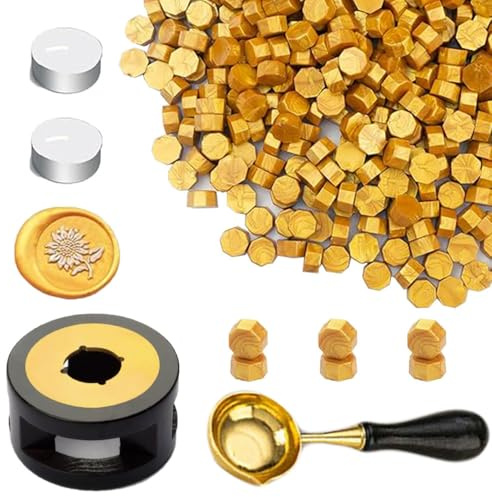 Kit de sellos Ioggtser - 450 perlas de cera de oro, calentador de sello, cuchara de fusión, 2 velas, kit de sellado para sobres