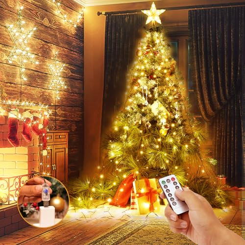 Yizhet Luci Albero di Natale, 8 x 2M 280 LED Rete di Luci Albero di Natale a Cascata Bianco Caldo con 8 Modalità, Telecomando e Timer, Impermeabile IP44 per Albero 1,5 a 2,5m Interni Esterni Giardino