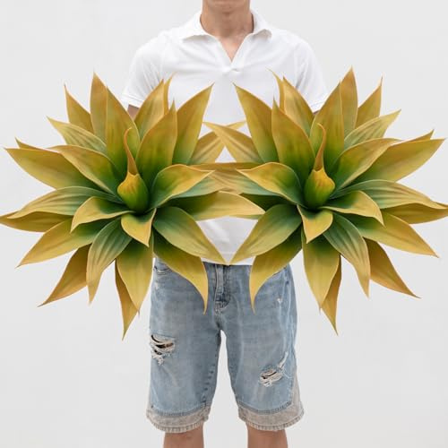 Ttranewsoo Artificial Plants Outdoor Faux Plant,28 Artificial Agave Faux Hostas Outdoor Uv Resistant Artificial Plants Indoor Fake Plant Artificial Agave Plant Indoor 2Pack, Yellow